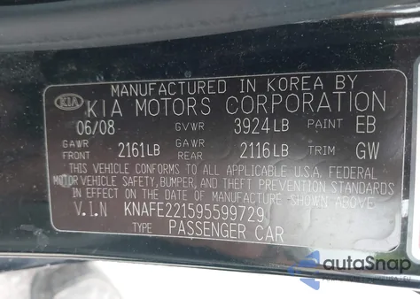 2009 Kia Spectra Ex from USA, damaged, VIN KNAFE221595599729